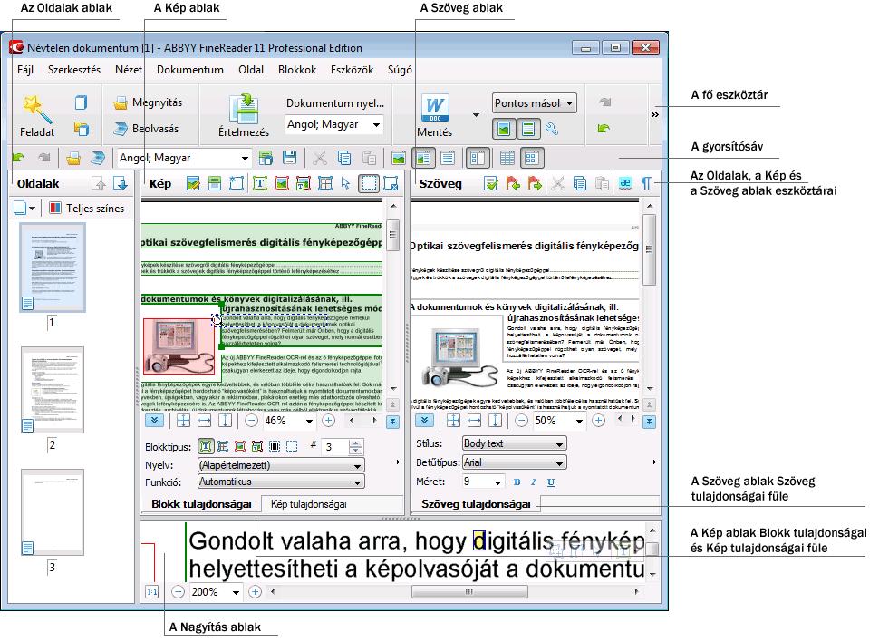 Az Oldal ablakban tekintheti meg a jelenlegi ABBYY FineReader dokumentum oldalait.