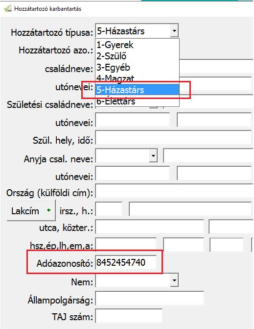 Felváltva gondozott gyermek esetén, vagy a családi kedvezmény megosztása esetén, a Házastárs/élettárs mezőben megadandó