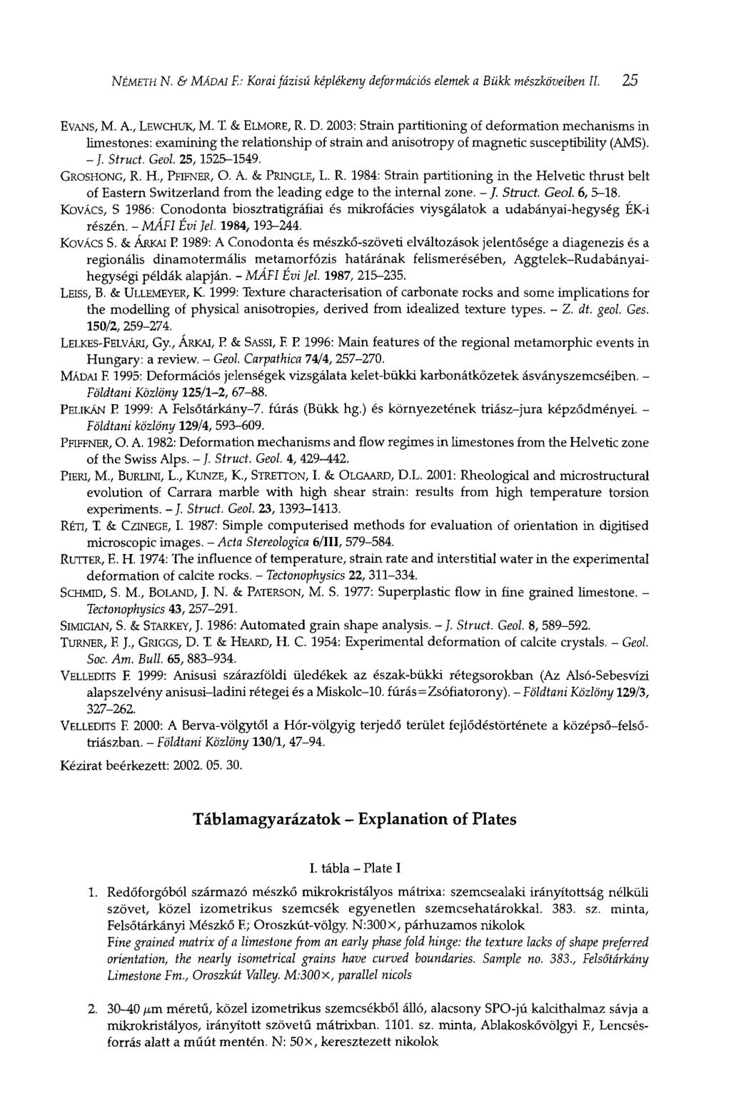 NÉMETH N. & MÁDAI F.: Korai fázisú képlékeny deformációs elemek a Bükk mészköveiben II. 25 EVANS, M. A., LEWCHUK, M. T. & ELMORE, R. D.