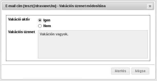 3.7. ábra. E-mail vakációs üzenet szerkesztése 3.8. ábra. E-mail kvóta változtatás Készülékfügg funkció, beállításához külön igénylés szükséges.