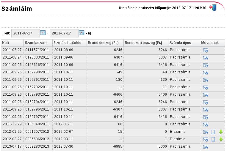 5. fejezet Számlázás 5.1. Számláim A Számláim menüpont alatt megtekinthet k a szolgáltatás(ok) után kiállított számlák f bb adatai. Alapértelmezetten az utolsó két év számlái jelennek meg.