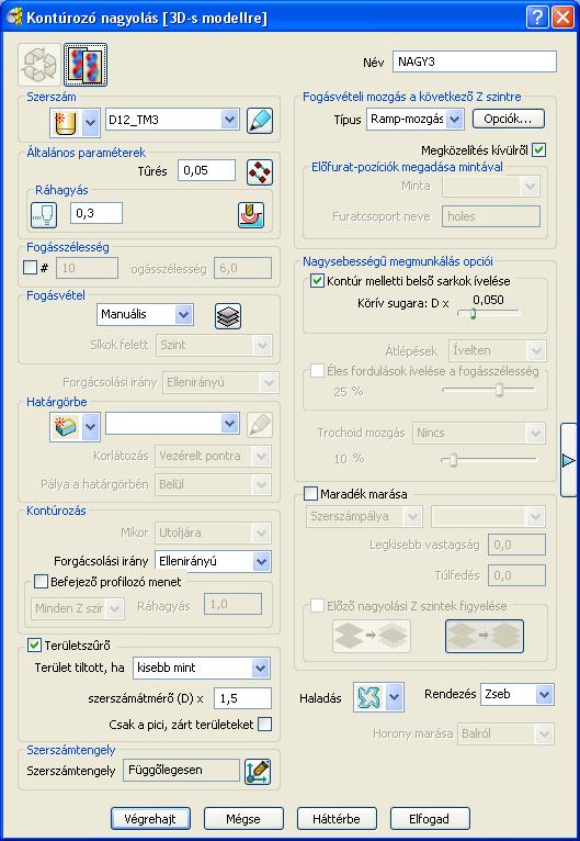 12. Példák PowerMill A megmunkáláshoz a a 3D-s nagyolás menüből válasszuk az Ofszet nagyolás stratégiát. Az ablakban a következő adatokat adjuk meg. Ezzel definiáljuk a NAGY3 szerszámpályát.