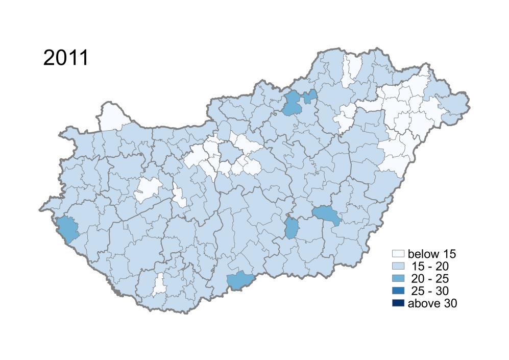 Eredmények és NATéR-adatintegráció Results and integration into NAGIS Előreszámítás: Népességszám 2051-ben: 8,43 millió fő Népességcsökkenés 2011-hez képest: 15% Eltartottsági ráta 2011-ben: 45,87%;