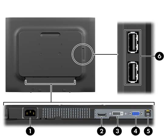 Hátsó részegységek Részegység 1 Váltóáramú tápcsatlakozó Funkció A váltóáramú tápkábelt csatlakoztatja a monitorhoz 2 DisplayPort A DisplayPort kábelt csatlakoztatja a monitorhoz (csak egyes