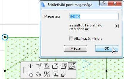 A terep hálópontjait ezután egyenként módosíthatjuk, akár az XY síkban a korábban megismert poligon szerkesztési mód szerint, akár Z irányban, a kijelölt terep sarokpontjainak megfogásával, és a