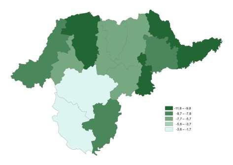 Az ezer lakosra jutó belföldi vándorlási egyenleg járásonként, 2015 10.