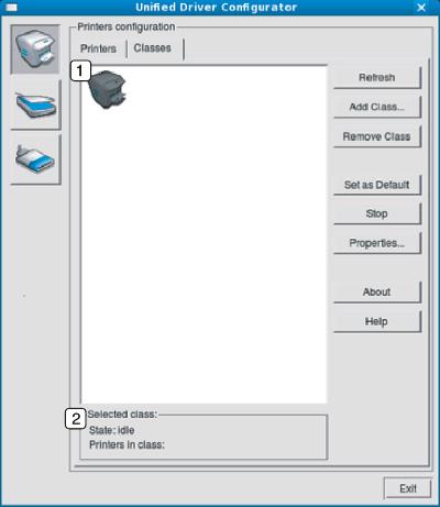 A Linux Unified Driver Configurator alkalmazás használata Classes lap A Classes fül a használható nyomtatóosztályokat tartalmazza.