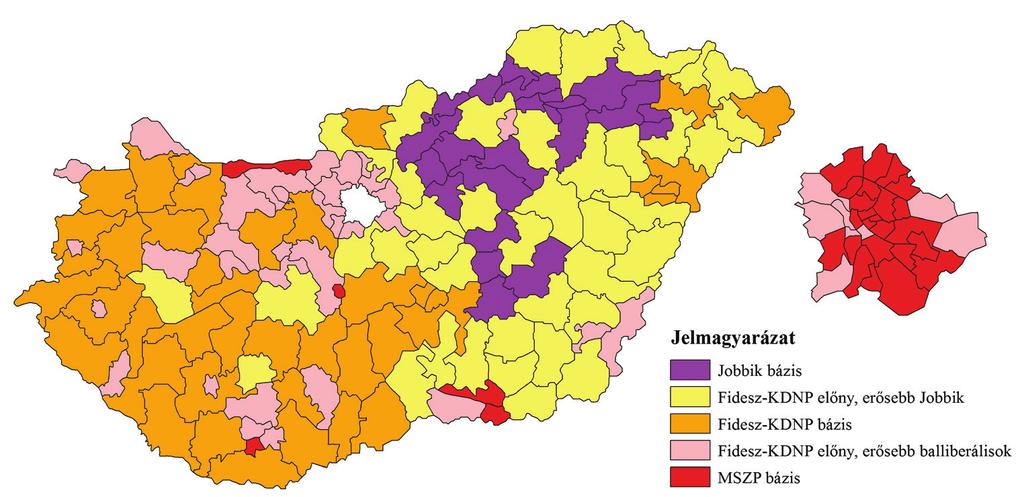 1. ábra A 176 választókerület politikai klaszterei és klaszterközéppontjai 2010-ben Forrás: Nemzeti Választási Iroda Figure 1 The 176 constituencies based on political attitudes and cluster centers