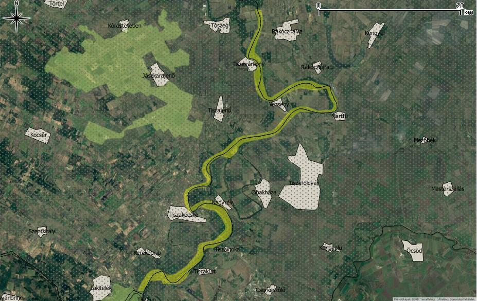 32. ábra. A Közép-Tisza (HU057) Fontos Madárélőhely (IBA) (sárgával) és egyéb fontos madárélőhelyek (zölddel), valamint a vízgyűjtő-gazdálkodási alegység területe (szürkén pontozott terület)2.