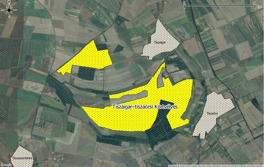 természetmegőrzési területek (kékkel), valamint a vízgyűjtő-gazdálkodási alegység területe (szürkén pontozott terület) Tiszaigar