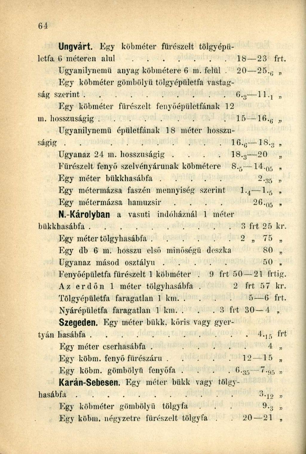 Ungvárt. Egy köbméter fürészelt tolgyépületfa 6 méteren alul 18 23 frt. Ugyanilynemü anyag köbmétere 6 m. felül. 20 25. G Egy köbméter gömbölyű tölgyépületfa vastagság szerint 6. 3 ll.