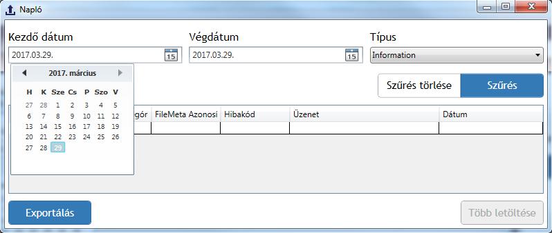 39. ábra: Naplózás megnyitása A Log adatok ablakban válassza ki a megfelelő intervallumot a Kezdő és Végdátum megadásával (40. ábra)! 40.
