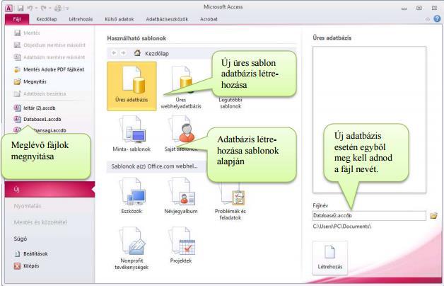 SZE INFORMATIKAI KÉPZÉS 3 Microsoft Access indítása: Start menü/minden program/microsoft Office/Microsoft Access 2010 Nyitókép: Hozzunk létre egy új, üres