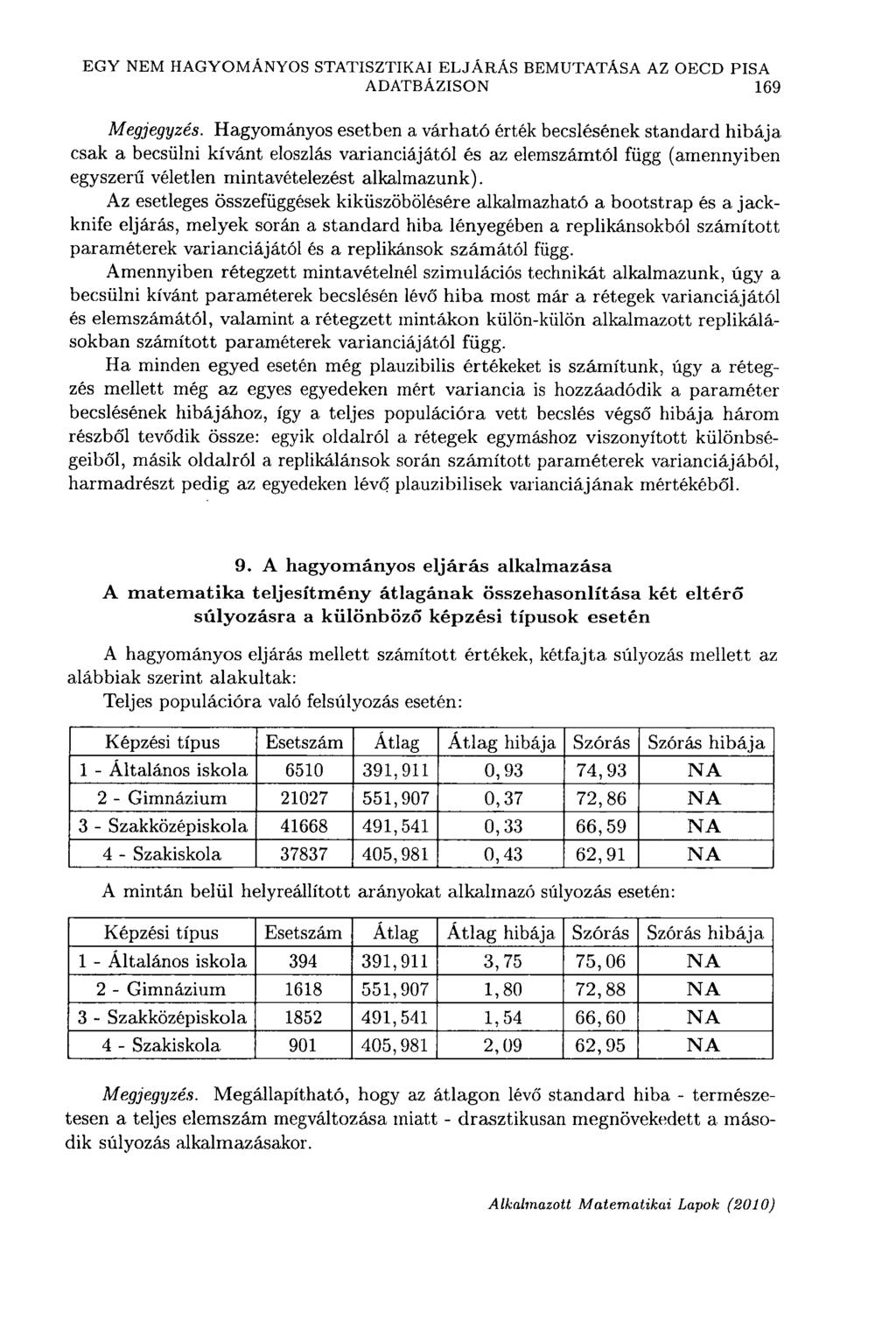 EGY NEM HAGYOMÁNYOS STATISZTIKAI ELJÁRÁS BEMUTATÁSA AZ OECD PISA ADATBÁZISON 169 Megjegyzés.