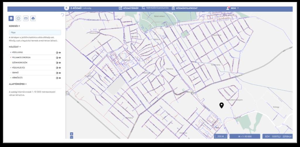 3.2. Térképi rétegek Közműtérkép rétegek 3.3. Hálózatok térképi adatainak keresése Lehetősége van Település -, Cím - és Helyrajzi szám szerint keresni.