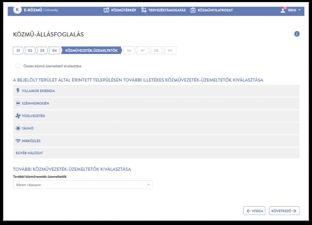 5.1.5. Közművezeték-üzemeltetők Ebben a folyamatlépésben választhatja ki a bejelölt területen érintett illetékes közművezetéküzemeltetőket.