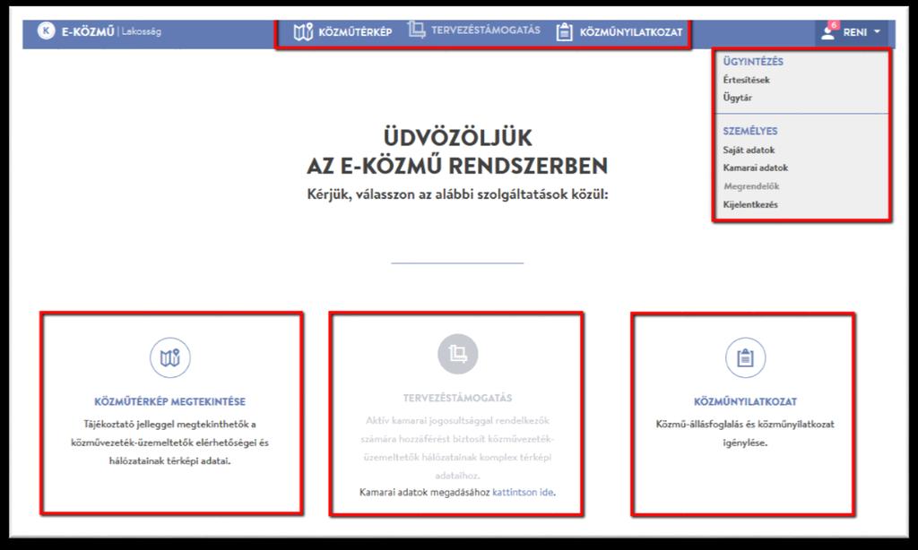 2. Az alkalmazásról 2.1. A nyitóoldal felépítése Ügyfélkapus bejelentkezést követően a felhasználó a nyitóoldalra kerül.