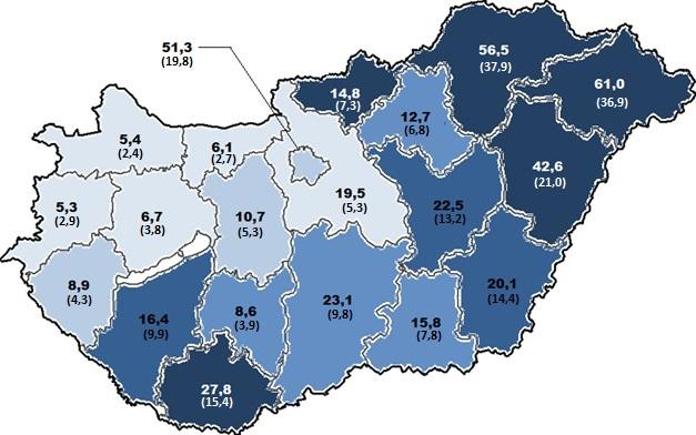 Jelentős területi különbségek vannak a munkaerőpiacon Munkanélküliek és közfoglalkoztatottak számának területi megoszlása 2016. IV.