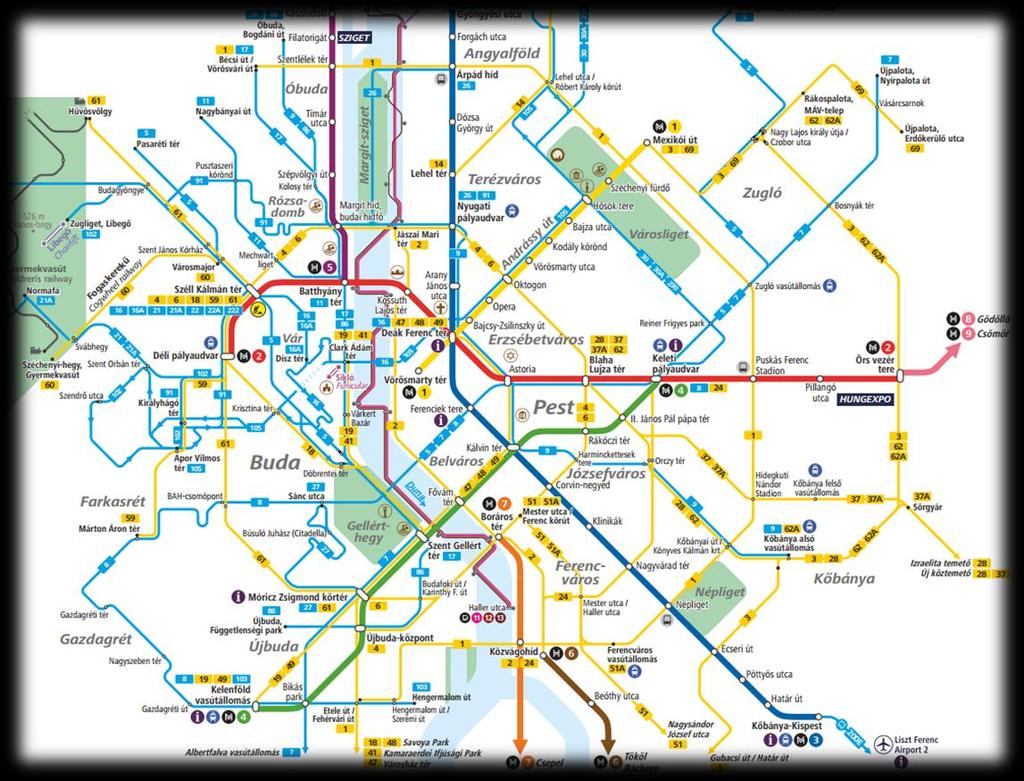 Budapest közlekedési paraméterei Budapest alapterülete: 525 km2 Lakosság: ~1.734.000 fő + ~ 700.000 fő az agglomerációban Napi helyváltoztatások száma: ~2.800.