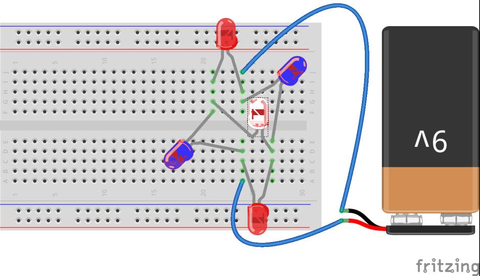 Egyszerű kísérletek próbapanelen 7. Graetz-kapcsolás létrehozása és vizsgálata Eszközök: áramforrás (9 V), LED-ek (2 db piros, 2 db kék, 1 db fehér), vezetékek, próbapanel. 1. Valósítsd meg a 7.1. ábrán látható kapcsolást!