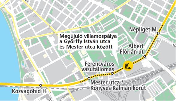 villamospálya a Győrffy István utca Mester utca között 1,6 km hosszon.