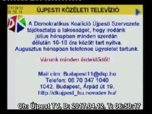 A Médiaszolgáltató által üzemeltetett Újpesti Közösségi Televízió 2017. április 9 15.