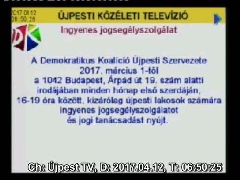 ingyenes jogsegélyszolgálat, kormányablak ünnepi nyitva tartás, az Erkel Gyula Alapfokú Művészeti Iskola felvételi felhívása, programajánló és az Újpesti Közösségi Televízió adásrendje.