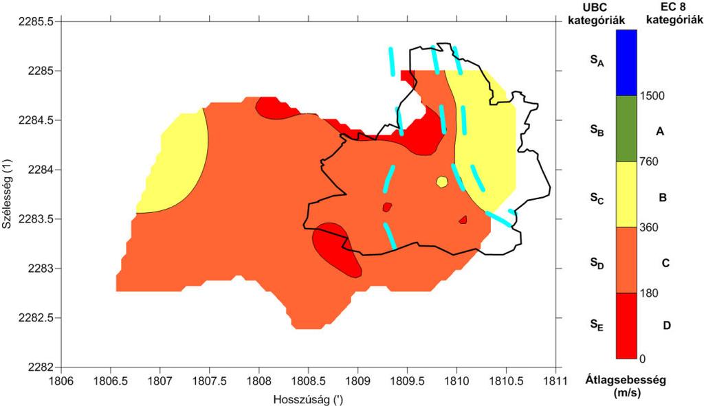63. ábra Dinar és környékének telephely kategória térképe a zónahatárok feltüntetésével (A besorolás a UBC és az EC 8 kategóriákat is tartalmazza) 7.4.5.