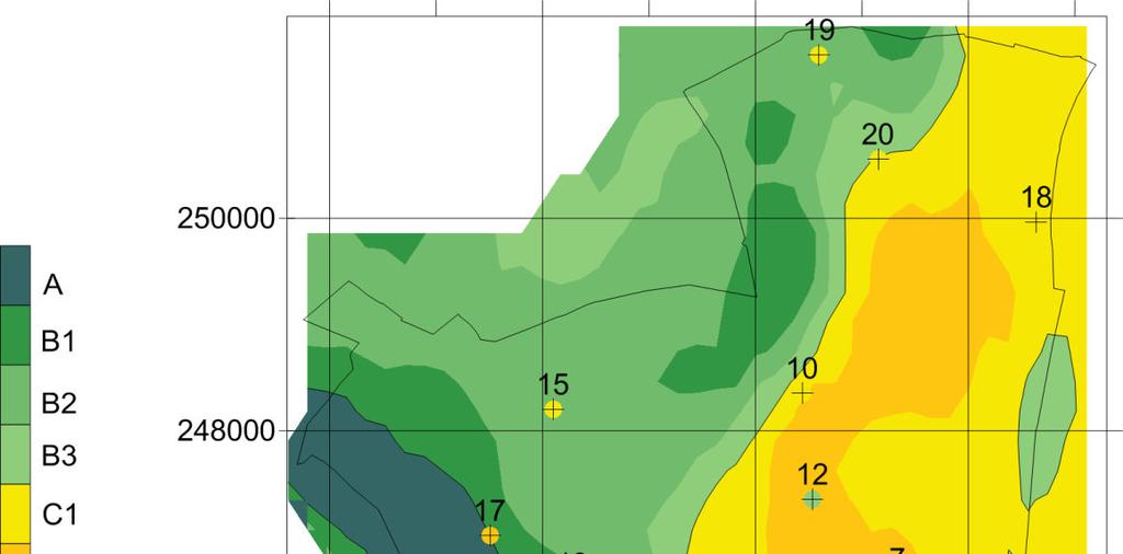 72. ábra Óbuda lejtőgradiens értékekből szerkesztett kategóriatérképe a mérési pontokkal (A pontok színezése megegyezik a területi kategóriákéval) A kapott eredmény Óbudán nem jó, a mért és becsült
