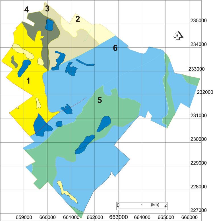 48. ábra A kerület előzetes blokktérképe A bányagödrök területét kék, az öntésiszapokét halványsárga szín jelöli A terület nagyságát figyelembe véve ez kevésnek tűnhet, de a hasonló fáciesű