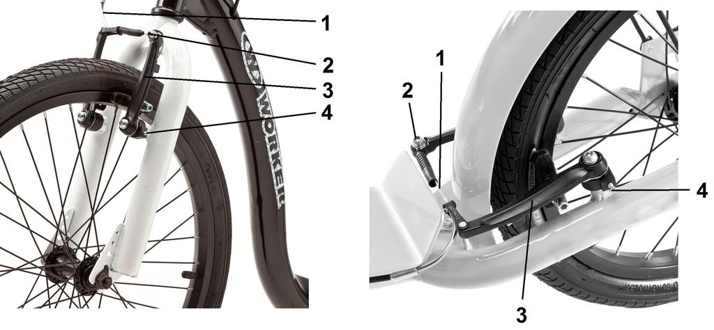 1 Bowden 2 Rögzítő csavar 3 Fékkar 4 Rugós beállító csavar MEGJEGYZÉS: Győződjön meg, hogy a kábel biztonságosan rögzítve van a rögzítő csavaron keresztül.