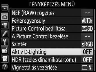 Az Aktív D-Lighting használatához: 1 Válassza az Aktív D-Lighting menüpontot. A fényképezés menüben jelölje ki az Aktív D-Lighting elemet, és nyomja meg a 2 gombot. 2 Válasszon ki egy beállítást.