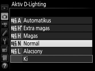 Ha az Y Automatikus lehetőséget választja, a fényképezőgép automatikusan a fényképezés körülményeihez igazítja az Aktív D-Lighting értékét (M módban azonban az Y Automatikus beállítás a Q Normál