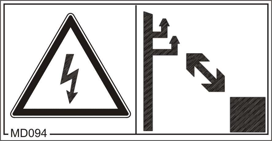 Általános biztonsági utasítások MD 094 Elektromos áramütés vagy égés okozta veszély, az elektromos szabadvezetékek véletlen megérintése vagy a magasfeszültség alatt álló szabadvezetékek nem