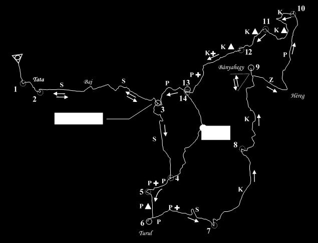 turistaút K+ turistaút 7 Koldusszállás 8 Vértestolna K (turistaút - murvás út A pontok számozása a távok alapján változik!