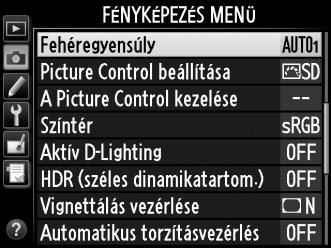 Beállítás Színhőm. * Leírás N Vaku 5 400 K Használja külső vakuval. G Felhős 6000 K Használja nappali fényben, borús égbolt alatt. M Árnyék 8000 K Használja nappali fényben, árnyékban levő témákra.