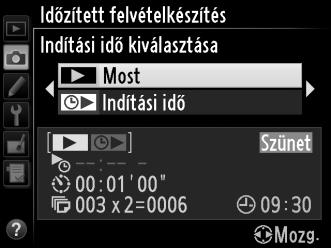 Időzített fényképezés szüneteltetése Az időzített fényképezés a következőképpen szüneteltethető: Nyomja meg az J gombot a beállított időközök között Jelölje ki az időzített felvételkészítés menüben