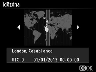 Nyomja meg a 1 vagy a 3 gombot a kívánt nyelv kijelöléséhez, majd nyomja meg az J gombot. 3 Válassza ki az időzónát. Megjelenik az időzóna-választó párbeszédablak.