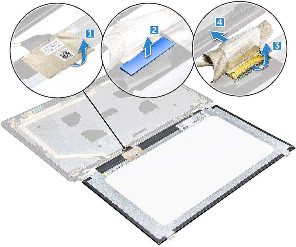 A kijelzőpanel beszerelése 1 Csatlakoztassa az edp-kábelt a csatlakozóhoz, és helyezze fel a kék ragasztószalagot. 2 Helyezze fel az edp-kábelt rögzítő ragasztószalagot.