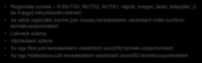 sportszer, hobbi, játék; barkácsáru, építőanyag Desk research, modellezés 1 db MS Excel file (10 munkalap) MS Excel Regionális szintek 9 (NUTS3, NUTS2, NUTS1; régiók, megye, járás, település, 2- és