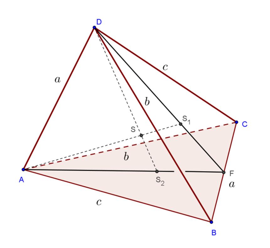 A tetraéder lapjai csak úgy lehetnek egybevágóak, ha a szemben lévő élek egyenlőek. A súlypont a súlyvonalak metszéspontja. A BC oldal felezőpontja F.