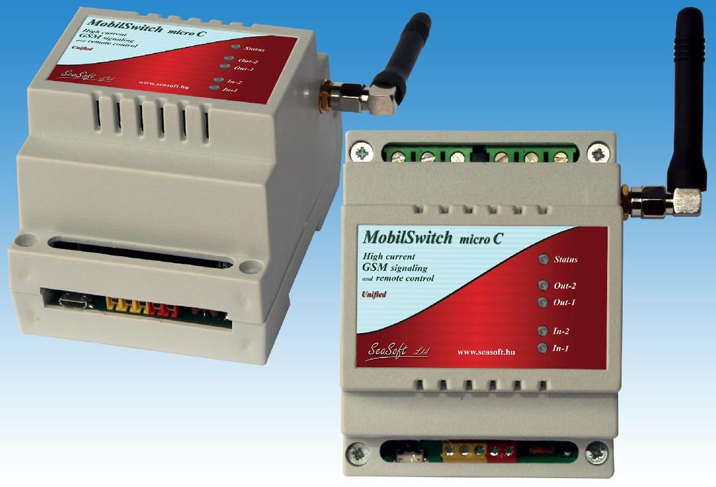 MobilSwitch - Micro-C DIN sines GSM távirányító és távjelző modul 2 bemenettel és 2 nagyáramú relés kimenettel A MobilSwitch-Micro-C távjelzésre és távműködtetésre fejlesztett DIN sines nagyáramú