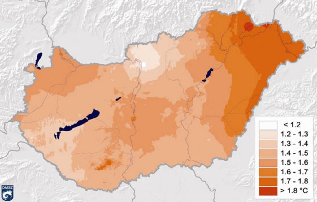 AZ ÉVES KÖZÉPHŐMÉRSÉKLETEK VÁLTOZÁSÁNAK TERÜLETI ELOSZLÁSA AZ 1980-2009 IDŐSZAKBAN Ezért kiemelt