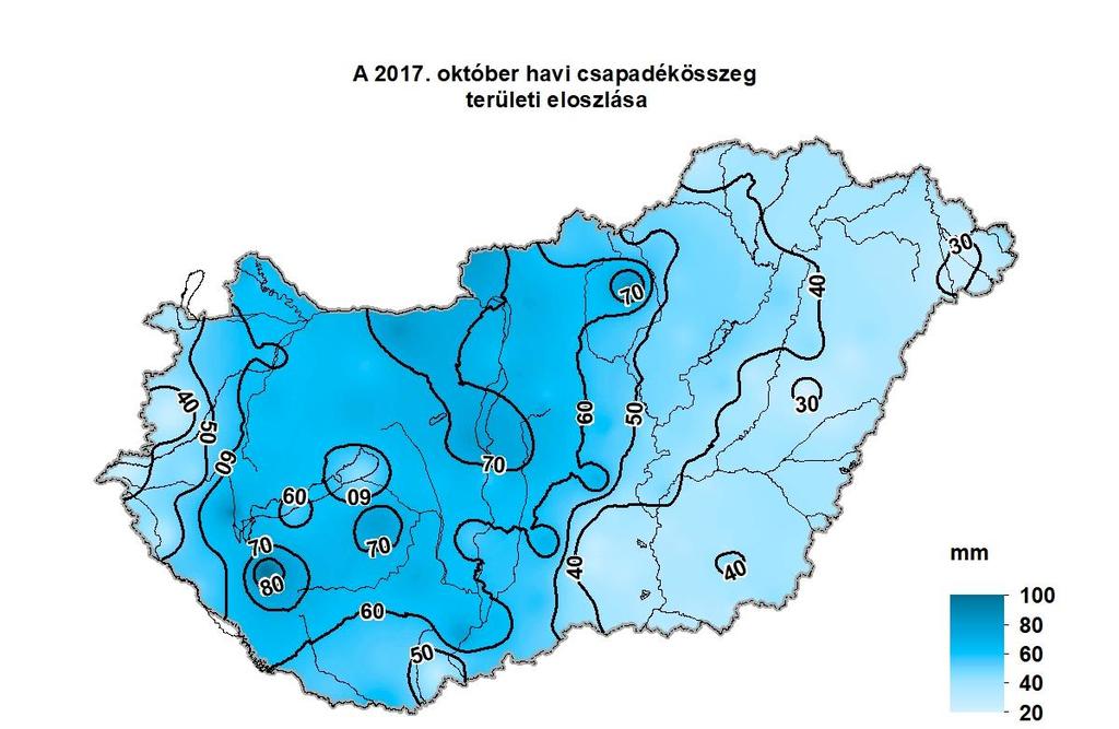 1. HELYZETÉRTÉKELÉS Csapadék 2017 októberében a rendelkezésre álló adatok szerint az ország területére lehullott csapadék mennyisége 25 mm (Kaba) és 92 mm (Nemeskisfalud) között alakult.