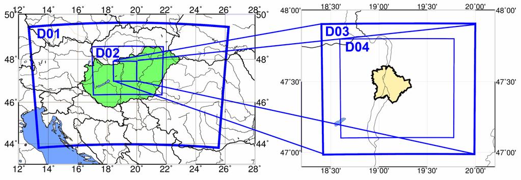 A legbelső terület, mely Budapestet és annak környékét fedi le, 370 m horizontális felbontással és 87 vertikális szinttel rendelkezik. 3. ábra: A WRF szimulációknál alkalmazott egymásba ágyazott területek.