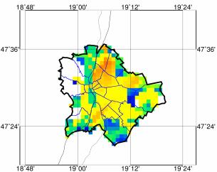 6. ábra: Számított felszíni hősziget intenzitások a WRF szimulációkra és a műholdas mérésre a műholdátvonulások időpontjában a vizsgált időszakra (2015. 07. 02 07.).