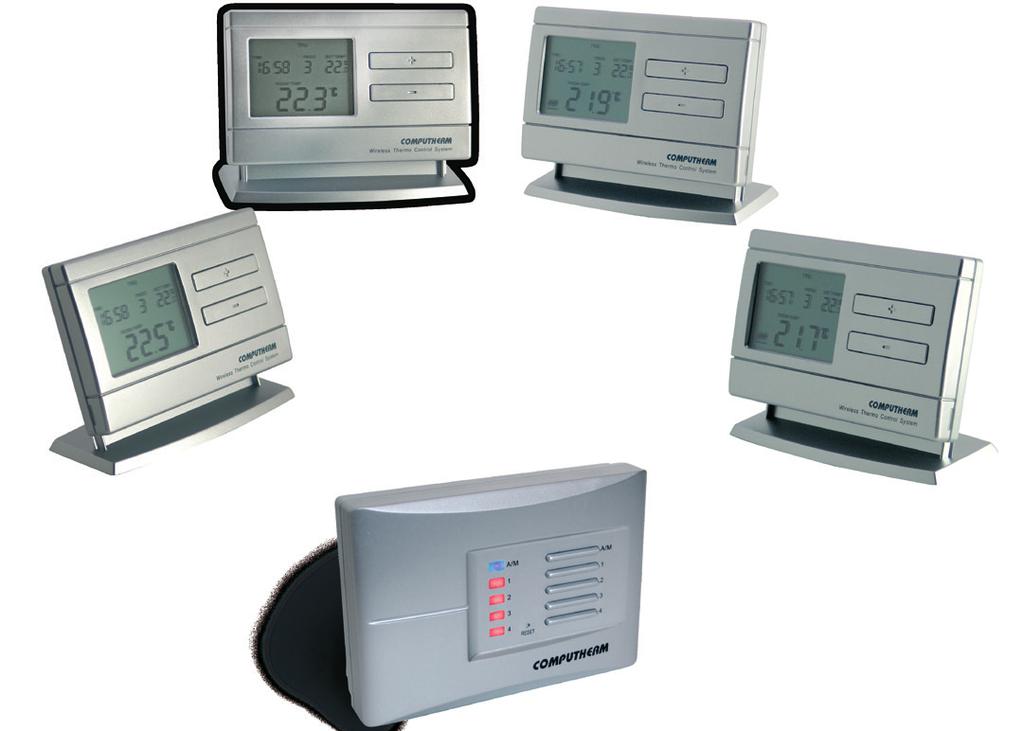 COMPUTHERM Q8RF multizónás, vezeték nélküli (rádiófrekvenciás), programozható, digitális szobatermosztát A készülék alapcsomagja két termosztátot és egy vevőegységet tartalmaz.