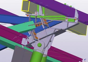 A tervezési folyamat végén a ConSteel modell alapján frissítésre került az összekapcsolt Tekla modell, illetve a Tekla csomóponti makróit felhasználva az elhelyezett csomópontok is