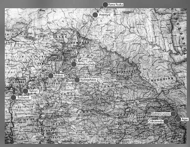 Huszár Mihály: Sztelek Ferenc pécsi 19-es önkéntes zászló s első világháborús dokumentumai 5. kép: Sztelek Ferenc katonai szolgálatának helyszínei térképen jelölve.