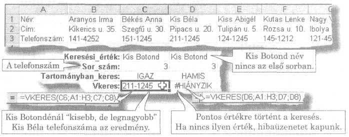 O IGAZ esetén, vagy ha nem adjuk meg ezt az argumentumot, és a táblánk rendezett az elsı sor szerint, olyankor ha a keresési_értékkel pontosan egyezıt nem talál az elsı sorban, akkor a nála kisebb